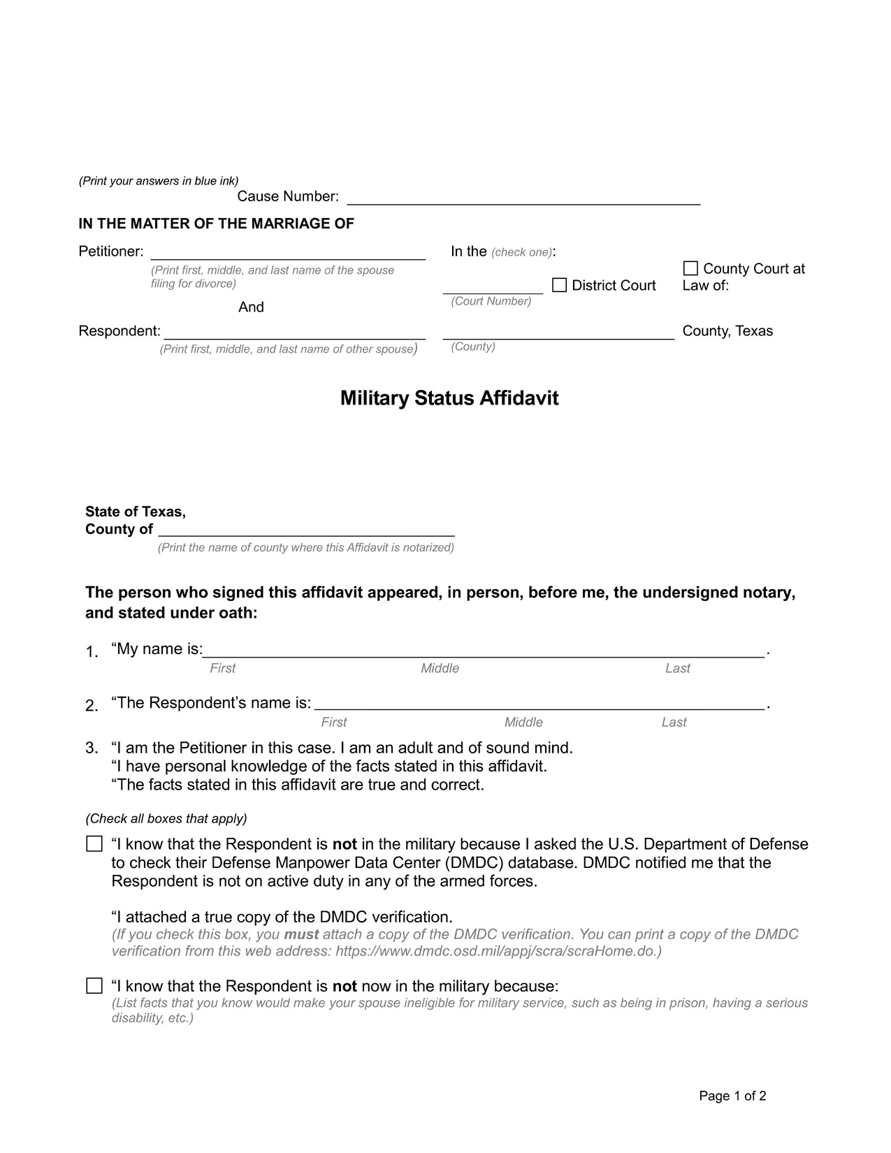 Affidavit of Military Status Texas - Download PDF Form