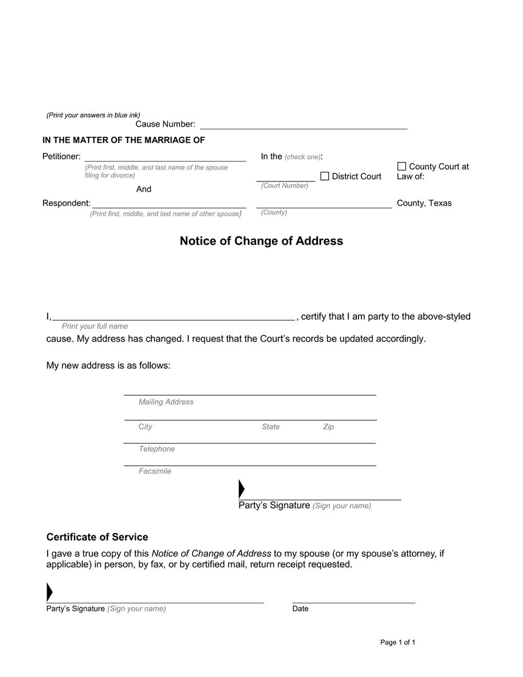 Notice of Change of Address (Texas) - Download PDF Form