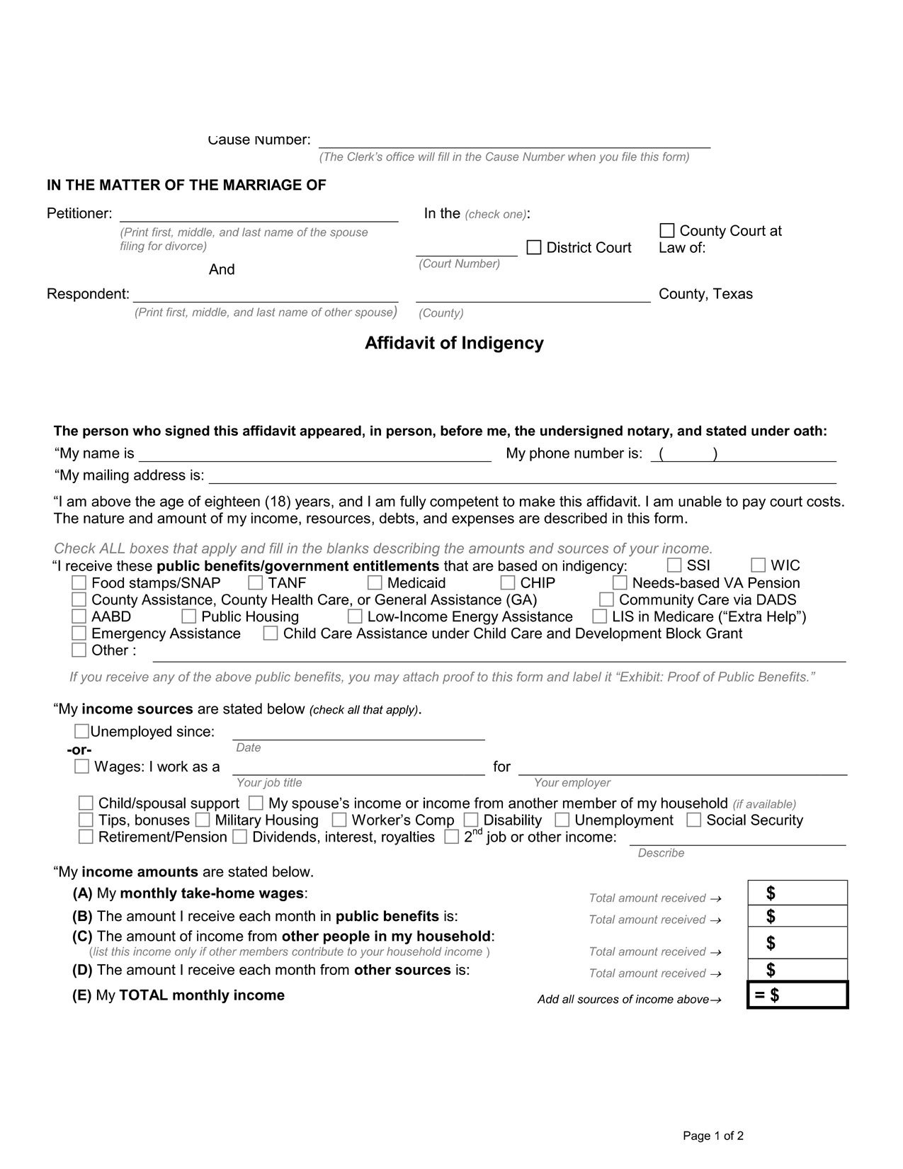 Affidavit of Indigency Texas - Download PDF Form