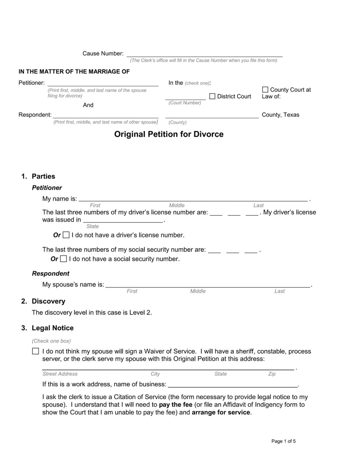 Original Petition for Divorce Texas - Download PDF Form