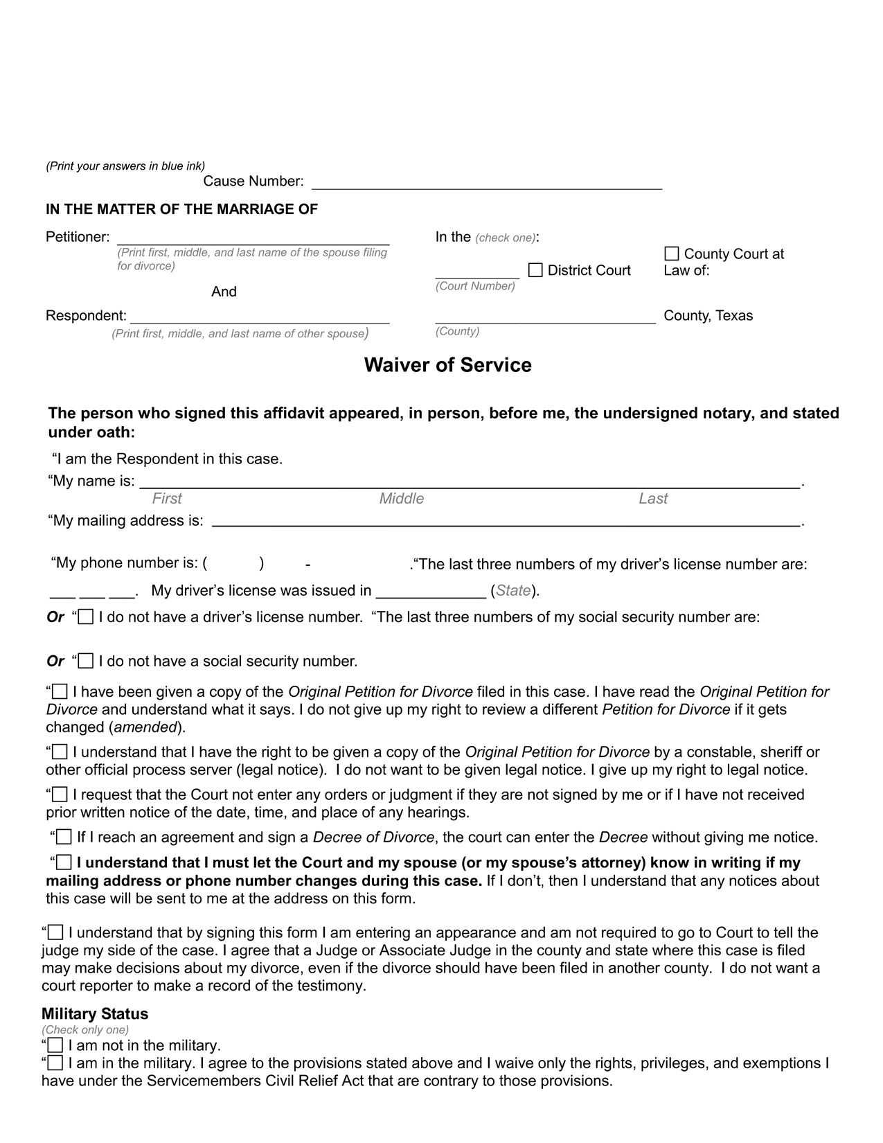 Waiver of Service (Texas) - Download PDF Form